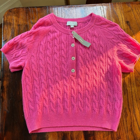 J. Crew Hot Pink Cashmere Henley Short Sleeve Cable Knit Sweater - Picture 1 of 6